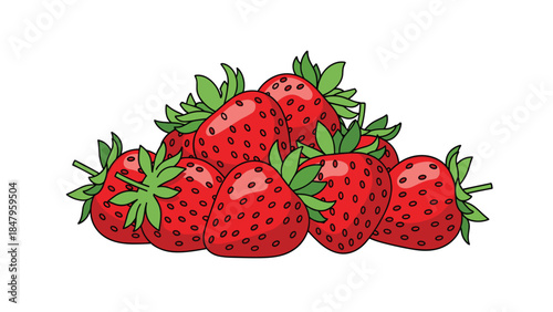 A vibrant collection of ripe strawberries is beautifully illustrated with green leaves, creating a fresh and appealing visual.