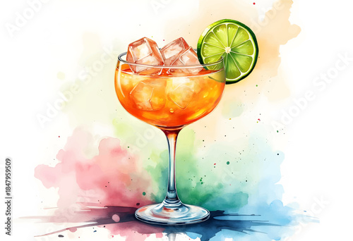 A refreshing cocktail is presented in a clear glass filled with ice, showcasing vibrant orange hues. A lime slice sits on the rim, adding a touch of brightness to the artistic background.