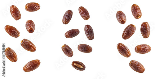 Dried Dates Fruit Set PNG. Collection of whole and cut brown date fruits with seeds isolated. Sweet healthy organic snack. Ramadan food ingredients variety. Dates flying isolated