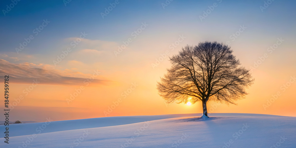 Obraz premium Snow covers a landscape with a single tree as the sun sets in the background on a winter evening