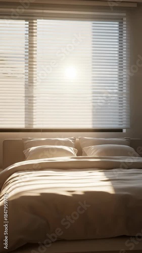 Bedroom with sunlight shining through blinds, creating a warm atmosphere.