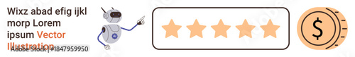 Customer feedback, AI automation, business reviews, star rating, financial concepts, user interaction. Robot pointing at five stars and coin. Customer feedback and AI automation concept