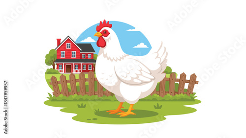 A charming white rooster stands proudly in a rural farm setting with a red farmhouse and wooden fence in the background.