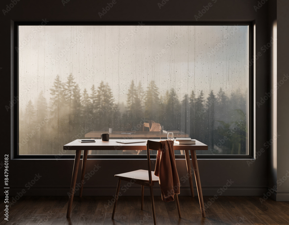 Fototapeta premium Serene and cozy minimal home office with desk facing large window. view shows foggy forest during gentle rain, creating peaceful and contemplative mood