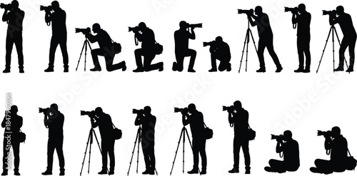 Professional photographer silhouettes capturing moments with camera and tripod isolated on white background for media journalism photography design
