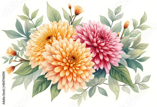 Vivid orange and pink chrysanthemums are artfully arranged among lush green leaves. The floral display captures the essence of natures beauty, perfect for decoration or celebration.