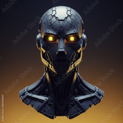 Detailed Sci-Fi Robot Bust with Glowing Eyes, Intricate Metallic Design, and Gradient Background