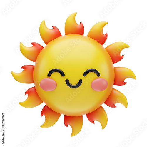 Cute 3D Smiling Sun Character with Flame Rays Isolated on transparent background, png