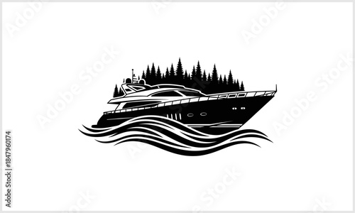 Seafaring Splendor: An elegant yacht glides through the waters, set against a backdrop of a dense evergreen forest. An image portraying a lifestyle of opulence and adventure, ready for new journeys.