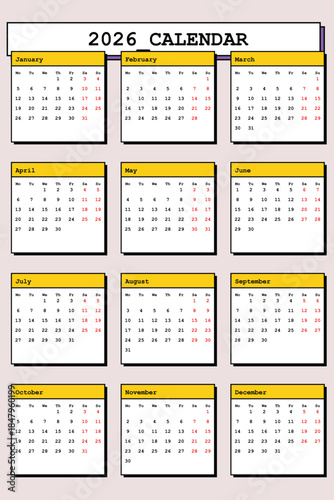 2026 Calendar Design in Modern Brutalist Style, Annual Planner Template