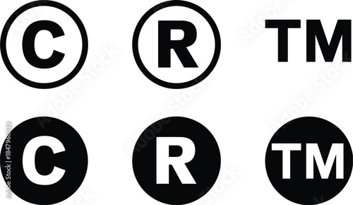 Copyright, Registered Trademark, and Trademark Symbols in Black and White on White Background vector