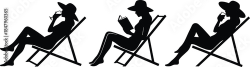 Relaxing woman silhouette sitting on deck chair reading book drinking cocktail summer leisure vacation isolated black figures on white background