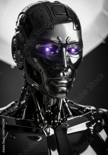 Close-up Portrait of a Sleek Metallic Humanoid Robot with Glowing Purple Eyes, Embodying Advanced AI and Futuristic Cybernetic Technology
