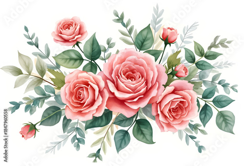 Delicate pink roses are featured among lush green leaves, creating a vibrant floral arrangement perfect for celebrations or decor.