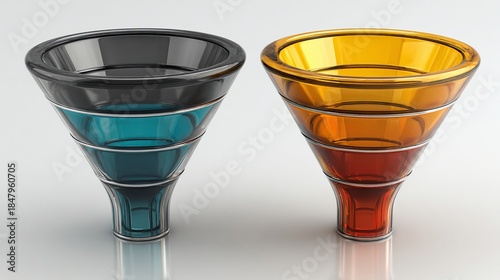Two side-by-side transparent glass funnels, each containing layered colored liquid