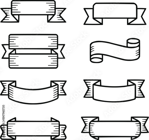 Vintage Ribbon Banner Outline Icons Set  Retro Labels, Badges, and Scrolls Collection
