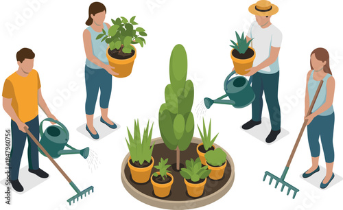 People gardening and watering plants vector illustration — teamwork and environmental care concept in isometric design
