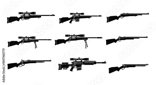 Collection of various silhouette sniper rifles and long firearms displayed in rows