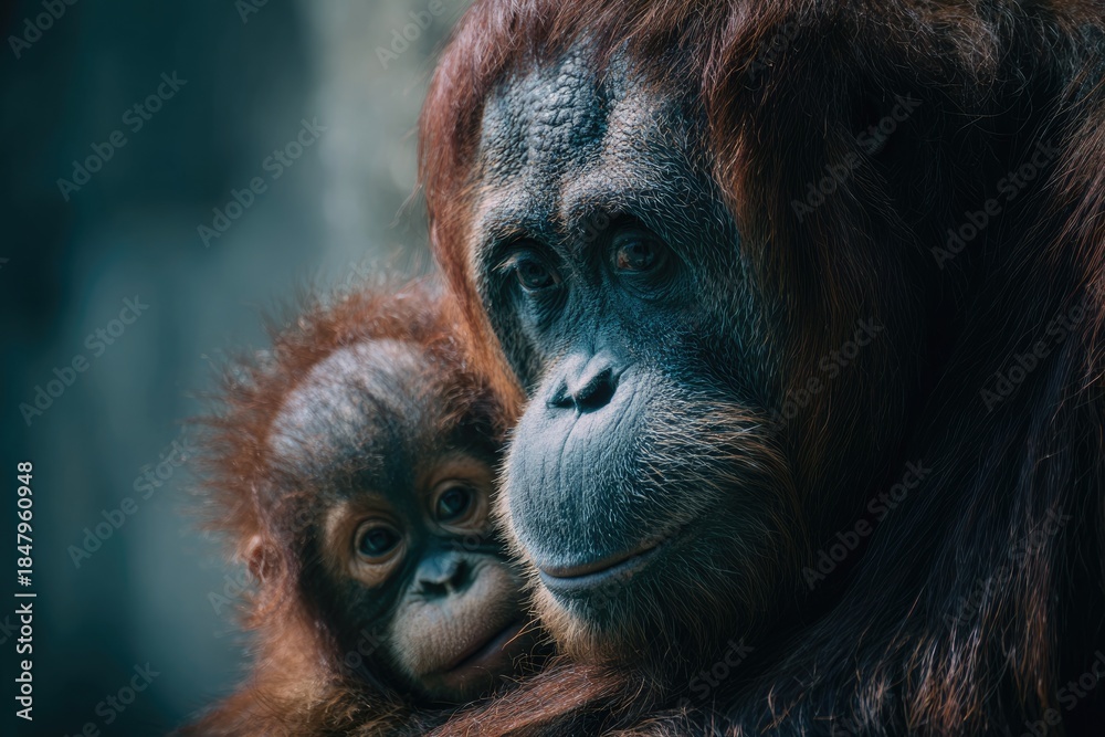 Fototapeta premium Close-up of orangutan mother and baby (1)