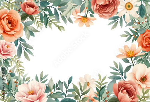 Delicate blooms in shades of pink and orange surround a blank space, perfect for adding text. Green leaves add a fresh touch, enhancing the overall floral aesthetic.