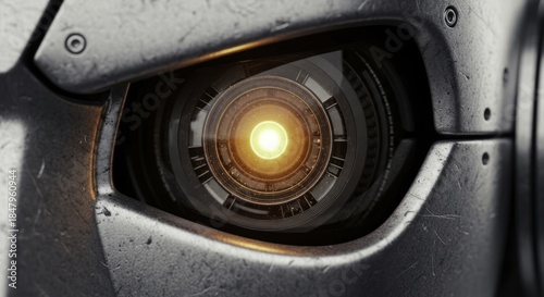 Close-up of a glowing futuristic robotic eye with weathered metallic details, showcasing advanced artificial intelligence and cybernetic technology