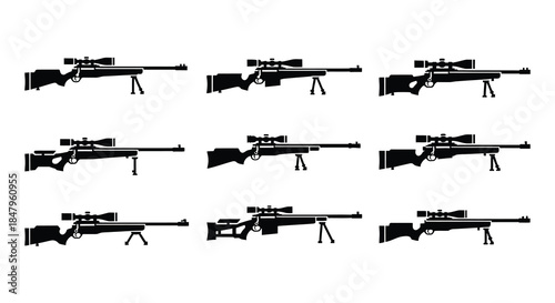 Collection of various silhouette sniper rifles and long firearms displayed in rows