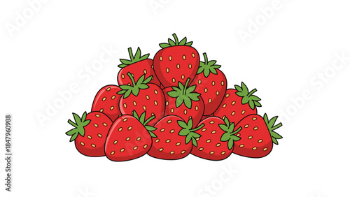 A vibrant pile of fresh strawberries with green leaves is presented against a clean white background, showcasing their appealing redness.
