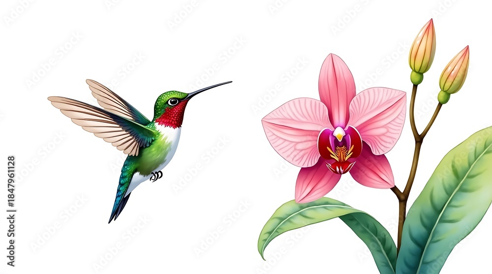 Naklejka premium Iridescent Hummingbird & Orchid: A high-resolution watercolor illustration featuring jewel-toned feathers and detailed orchid blossoms.