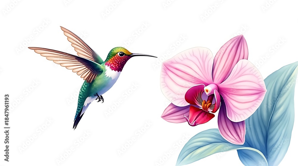 Naklejka premium Rainforest Harmony: Delicate watercolor depiction of a hovering hummingbird and saturated orchid with translucent layered foliage.