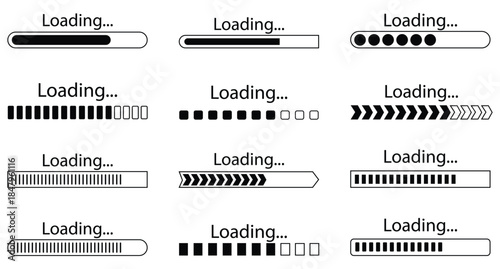 Collation of loading bar vector set. Loading status on white background.  Download progress icons. Loading Bar PNG Icons with progress indicators. Vector illustration.