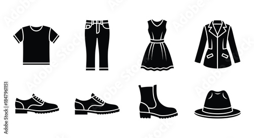 Black and white icons depicting various clothing items and footwear styles