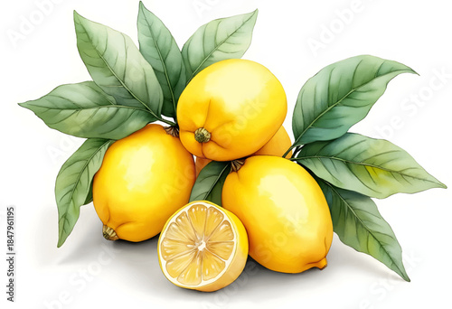 Bright yellow lemons sit alongside a halved lemon, displaying their juicy interior. Green leaves add contrast, giving a fresh and appealing look ideal for culinary and decorative purposes.