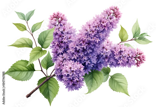 Beautiful clusters of lilac flowers bloom vibrantly among green leaves, showcasing their delicate petals and fresh spring colors. The composition highlights natures charm.