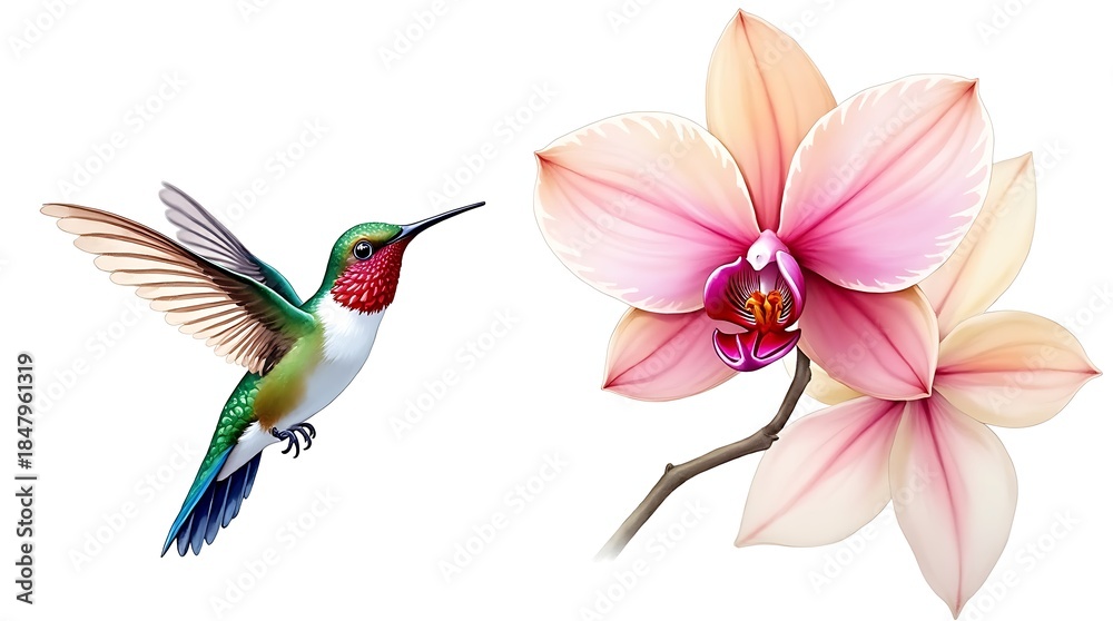 Naklejka premium Jewel of the Garden: An elegant hummingbird rendered in ruby, emerald, and sapphire washes against a pristine white background.