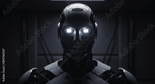 Striking Portrait of a Futuristic Humanoid Robot with Luminous Eyes in a Dimly Lit Sci-Fi Environment, Symbolizing Advanced Artificial Intelligence