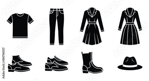 Black and white icons depicting various clothing items and footwear styles