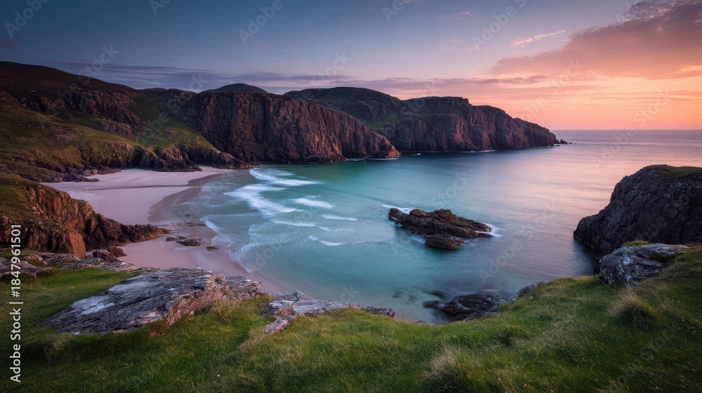 Fototapeta premium Tranquil Waters at Dusk: A Scenic Sunset over Kearvaig Bay, Cape Wrath, Scotland