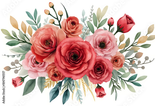 A stunning display of roses in shades of red, pink, and peach is surrounded by delicate green leaves and buds. This vibrant arrangement adds charm and elegance to any setting.