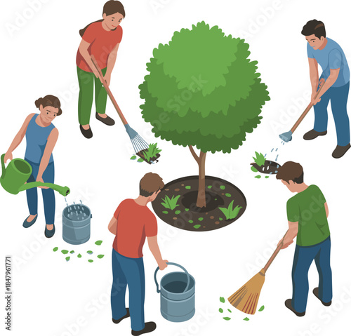 People planting and caring for a tree vector illustration — community teamwork and environmental protection concept