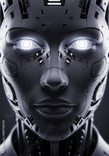 Futuristic Android Portrait with Luminous White Eyes and Intricate Mechanical Details, Close-up Sci-Fi Render