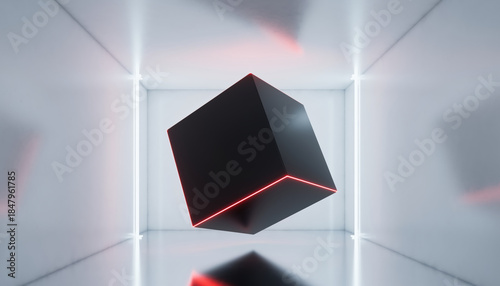 Mysterious black cube with red light floating in futuristic white room. This abstract, minimal, geometric background creates sense of dark, empty void with reflection