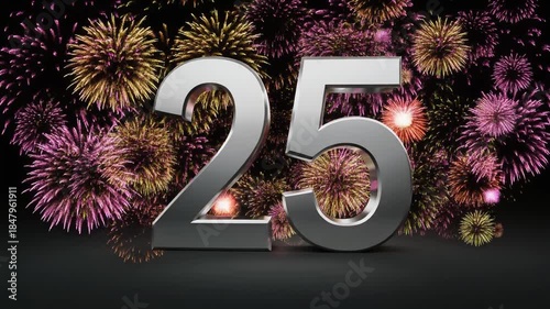 Silver number 25 with fireworks in the background. Festive scene for birthday or anniversary party