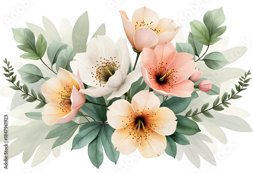 Delicate blossoms in shades of pink and white are beautifully arranged among lush green foliage, showcasing an elegant blend of natural beauty suitable for decoration.