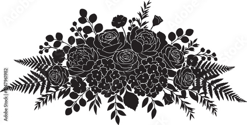 Black floral bouquet, silhouette flowers, vector floral arrangement, botanical illustration