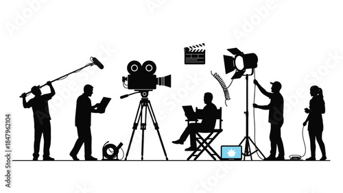 Filmmaking crew working on a movie set with camera, lights, and sound equipment, capturing the creative process.