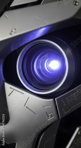 Close-up of a Futuristic Projector Lens Emitting a Vibrant Blue Light Beam, Showcasing Advanced Optics and Sleek Metallic Design
