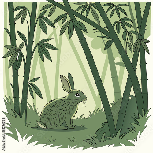 Green rabbit sitting among bamboo stalks and leaves