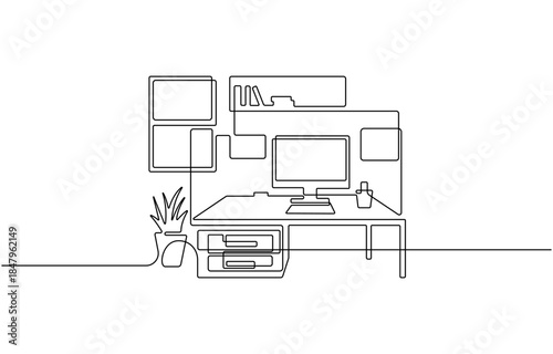 Continuous one line drawing of Table with office chairs.
