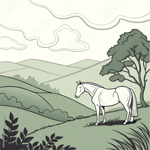 Fotografie White horse standing under tree in green landscape