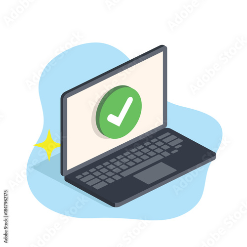 Successful completion on a laptop screen in isometric flat design vector illustration empty state ui confirmation